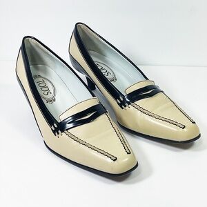 Vintage Tod's Black & Beige Leather Kitten Heels Penny Loafers Shoes